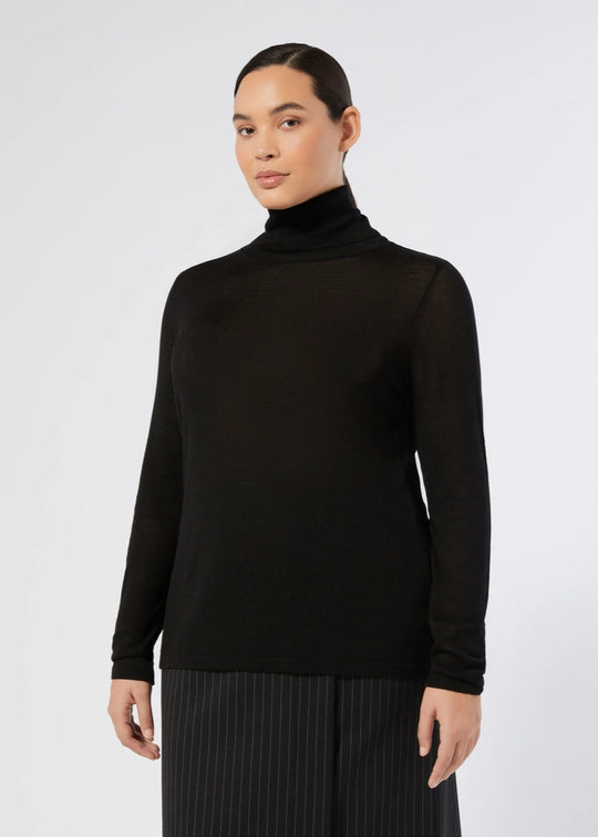 front view of plus size Marina Rinaldi Gondola Silk and Cashmere Long Sleeve Turtleneck in Black