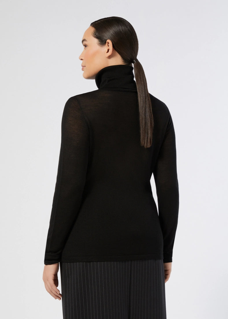 back view of plus size Marina Rinaldi Gondola Silk and Cashmere Long Sleeve Turtleneck in Black