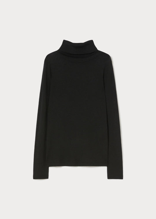 front view of plus size Marina Rinaldi Gondola Silk and Cashmere Long Sleeve Turtleneck in Black