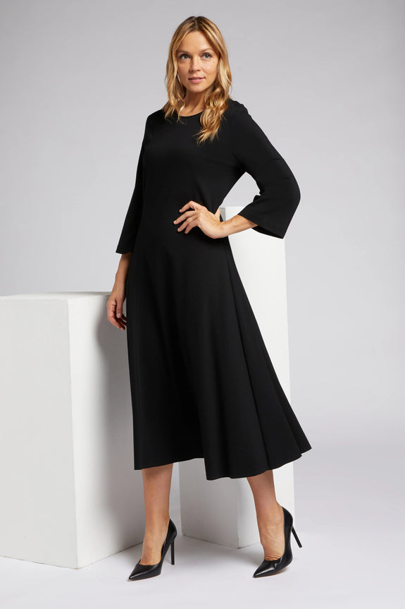 Luisa Viola Jersey Flared 3/4 Sleeve Knit Flared Dress with Jewel Neck