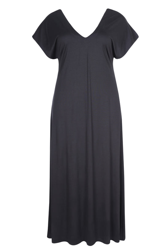 front view of Mat plus size Basic Short Sleeve V-Neck Jersey Dress in Black