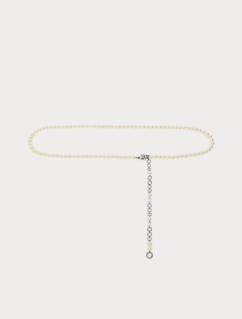 Pearl bead belt laid flat with silver chain extender and lobster clasp closure