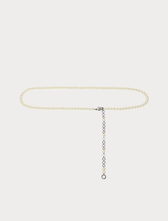 Pearl bead belt laid flat with silver chain extender and lobster clasp closure