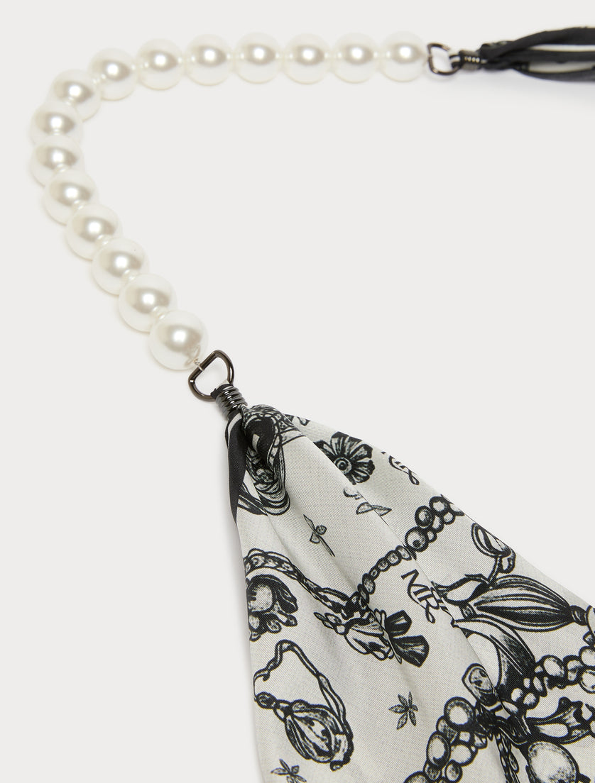 Pearl beaded choker necklace with attached black and white floral printed silk scarf detail