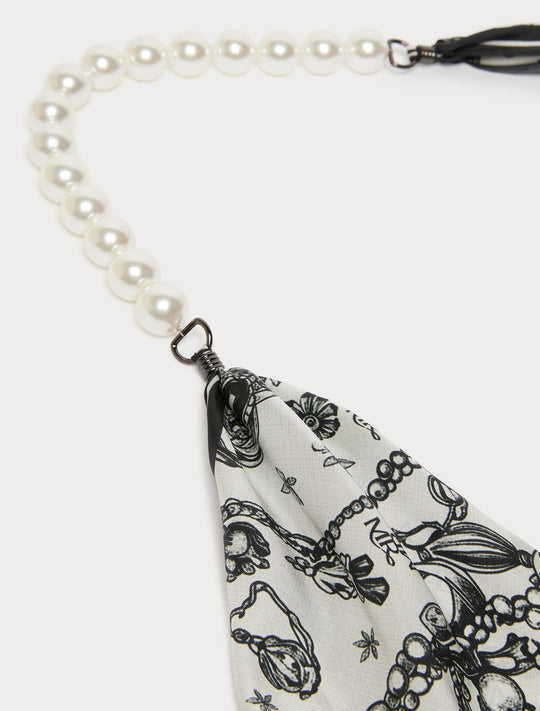 Pearl beaded choker necklace with attached black and white floral printed silk scarf detail