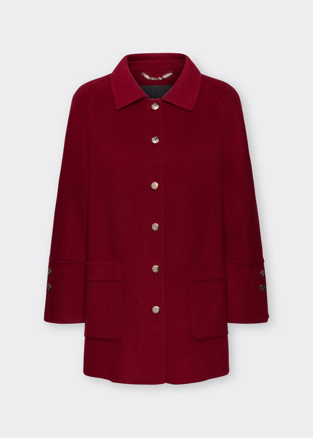 Red double-face coat with stand collar, button front, and side welt pockets