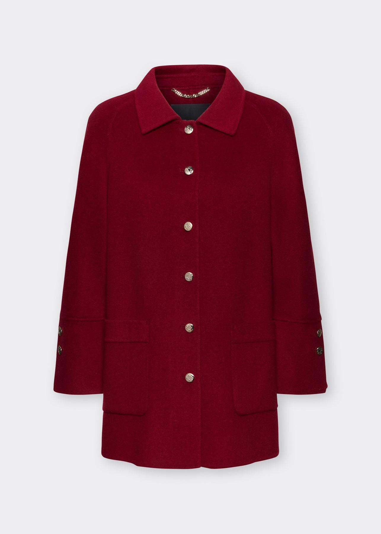 Red double-face coat with stand collar, button front, and side welt pockets
