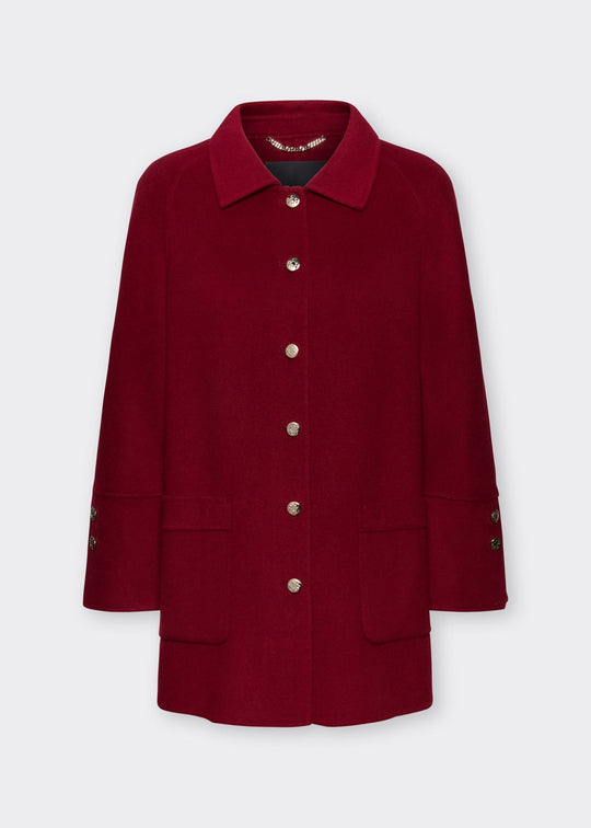 Red double-face coat with stand collar, button front, and side welt pockets