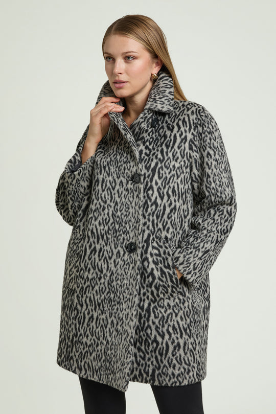 Leopard print topper coat with button front, stand collar, and long sleeves