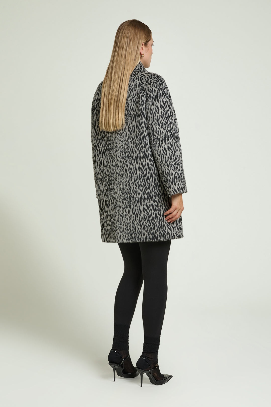 Leopard print topper coat, side view, long sleeves and button front