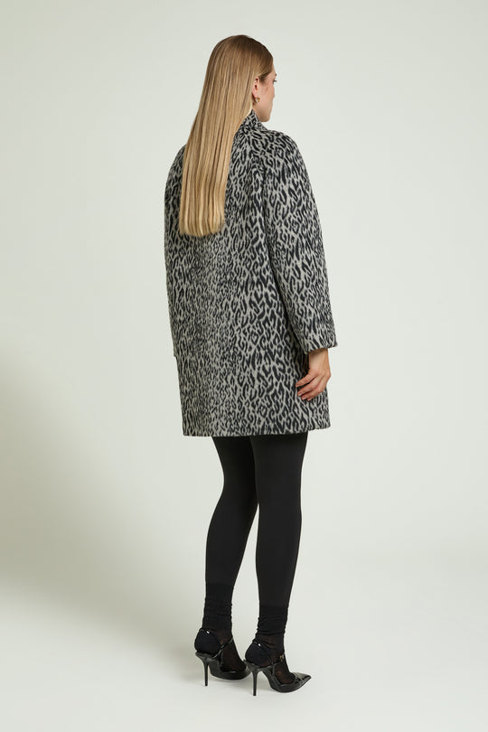 Leopard print topper coat, side view, long sleeves and button front