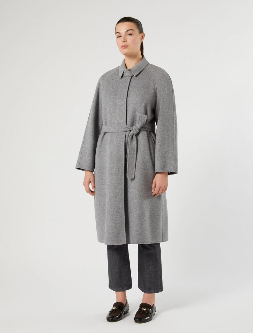 3/4 length wool coat in medium grey, front view, fly front with self belt tie