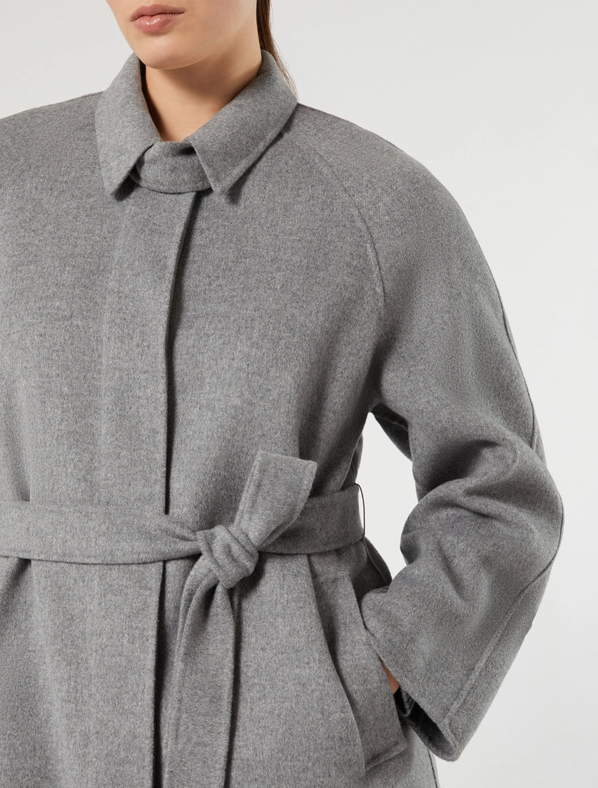 3/4 length wool coat in medium grey, notched collar, fly front, self belt tie at waist