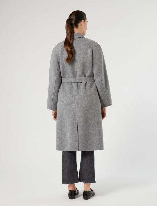 3/4 length wool coat in medium grey, back view, self belt tie at waist