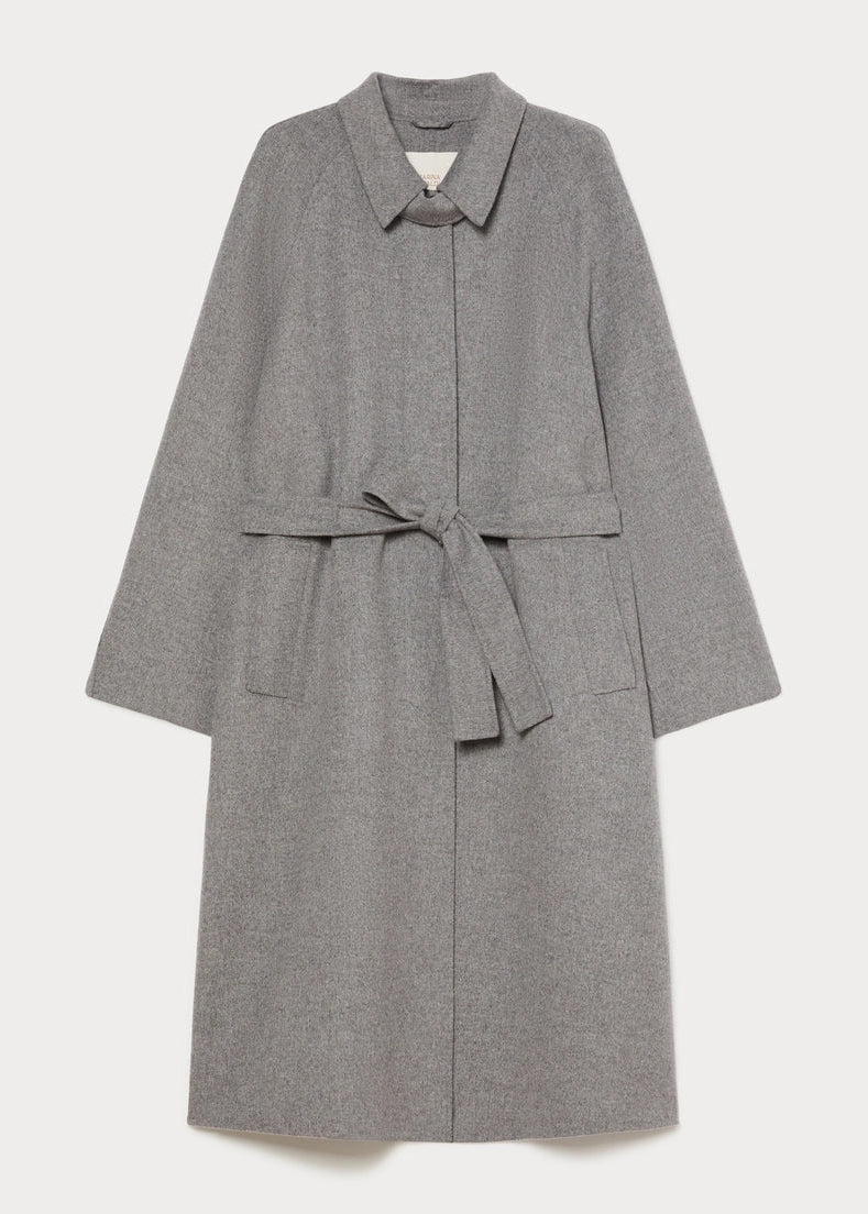 Medium grey wool 3/4 coat, notched collar, self belt tie, front placket seam details