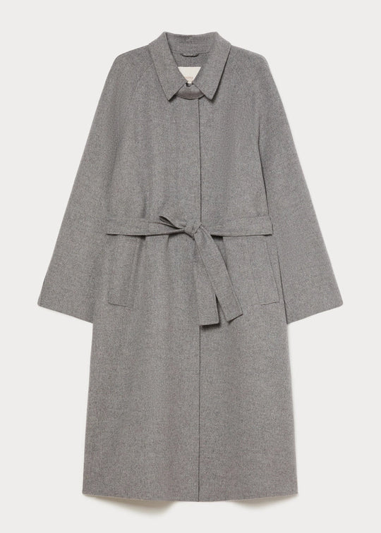 Medium grey wool 3/4 coat, notched collar, self belt tie, front placket seam details