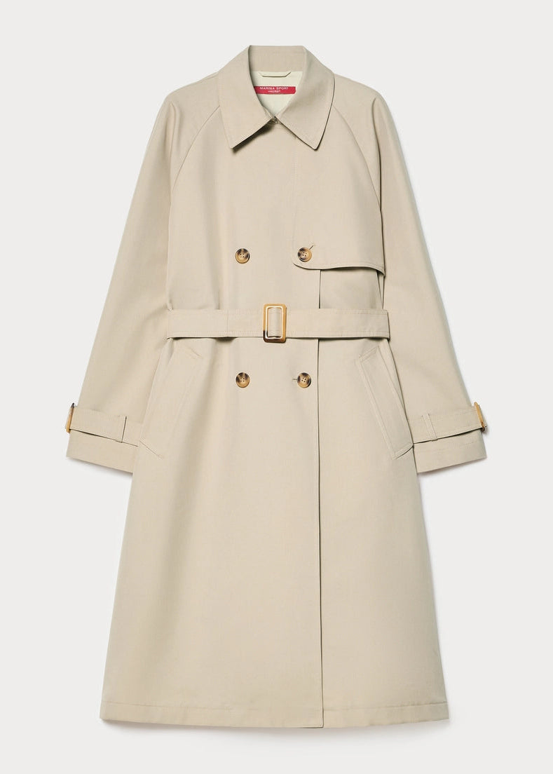 front view of plus size Marina Rinaldi Spatto Cotton Twill Double Trench Coat with Belt in Beige