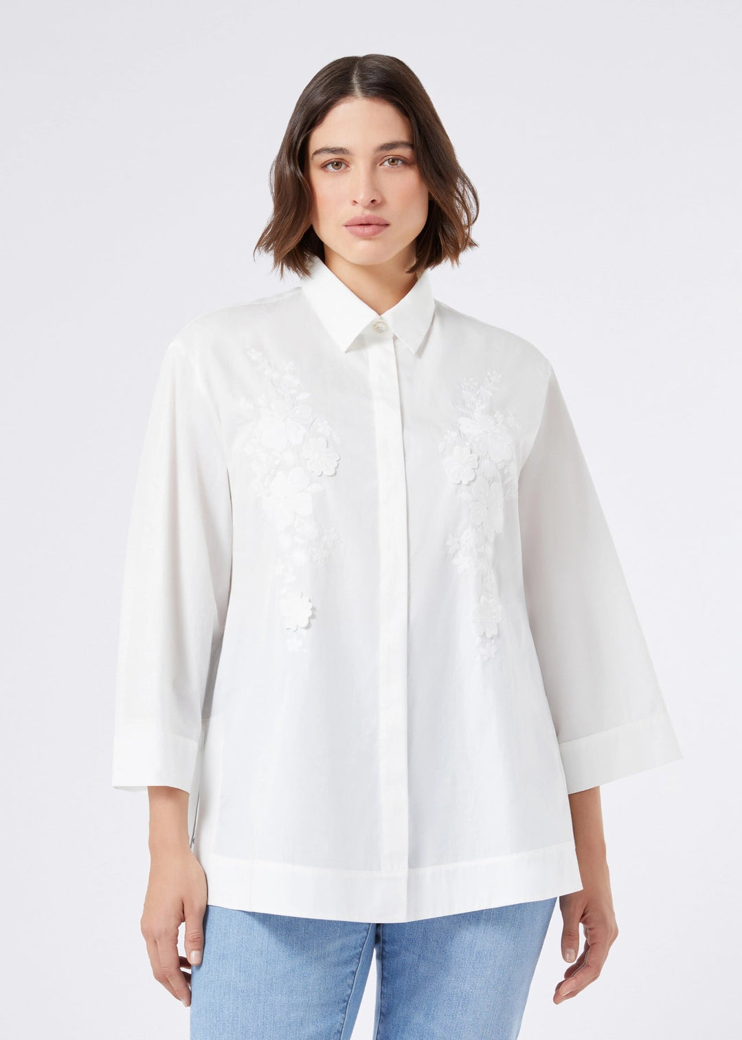 front view of Marina Rinaldi Gela cotton Poplin Embroidered Blouse on model in White