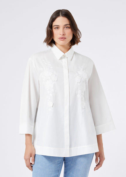 front view of Marina Rinaldi Gela cotton Poplin Embroidered Blouse on model in White