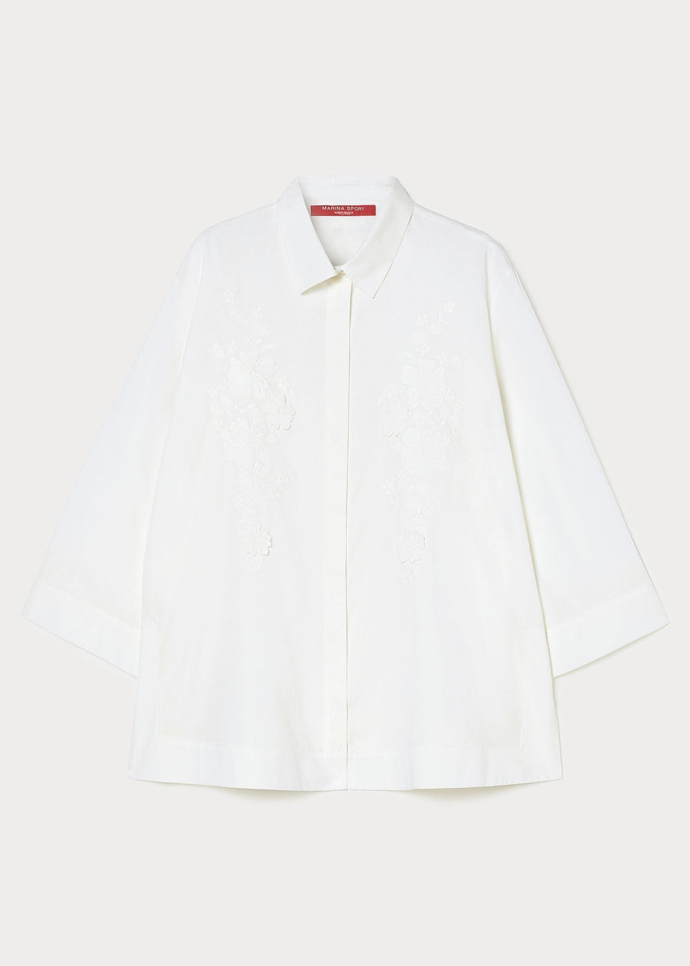 flat front view of Marina Rinaldi Gela cotton Poplin Embroidered Blouse in White