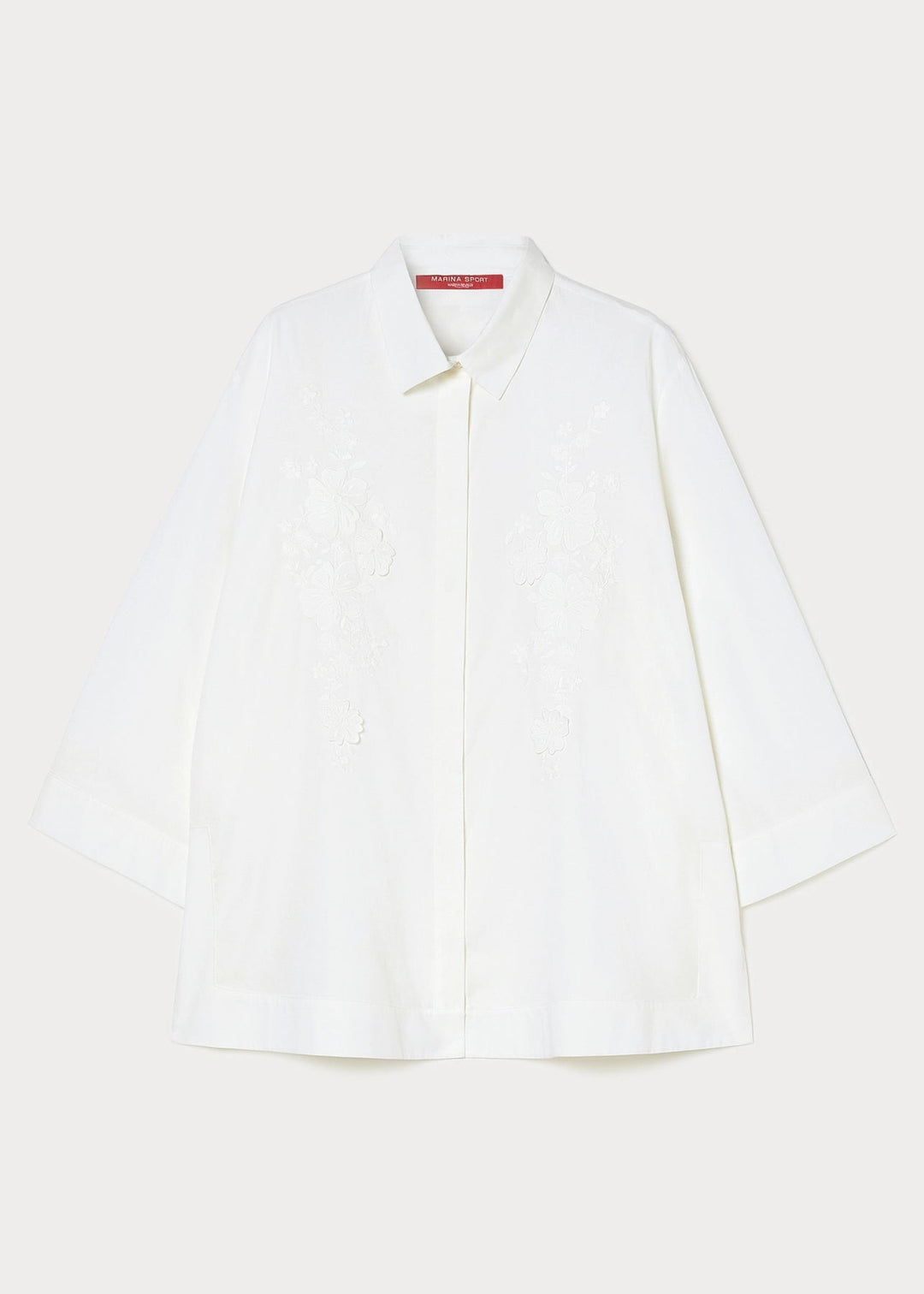 flat front view of Marina Rinaldi Gela cotton Poplin Embroidered Blouse in White