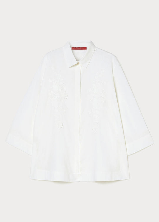 flat front view of Marina Rinaldi Gela cotton Poplin Embroidered Blouse in White