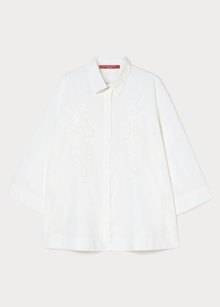 flat front view of Marina Rinaldi Gela cotton Poplin Embroidered Blouse in White