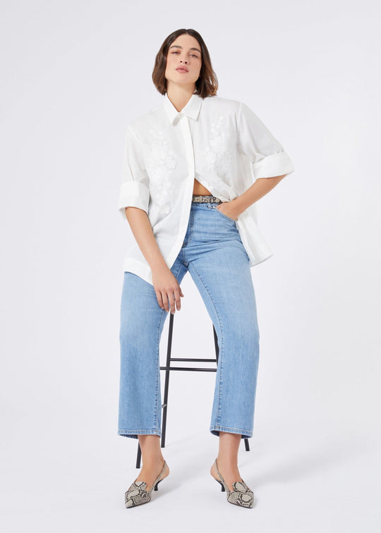 alt. front view of Marina Rinaldi Gela cotton Poplin Embroidered Blouse styled on plus model in White