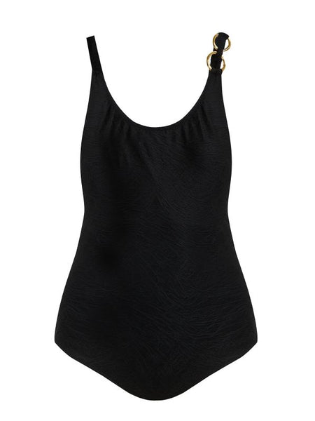 Mat 1 piece Textured Stretch Swimsuit with Ring Detail in Black