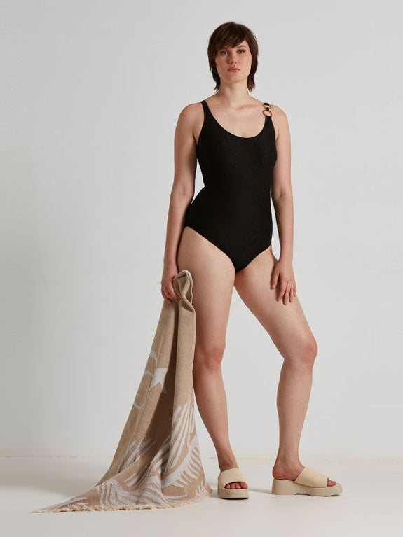 Mat 1 piece Textured Stretch Swimsuit with Ring Detail in Black