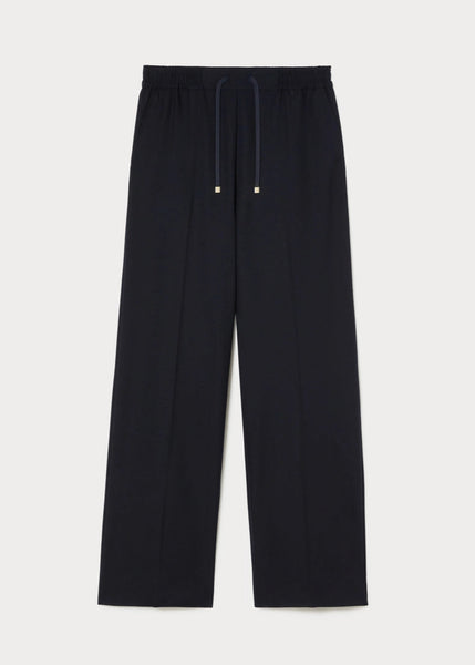 front view of plus size Marina Rinaldi Quota Stretch Knit Drawstring Pant in Midnight