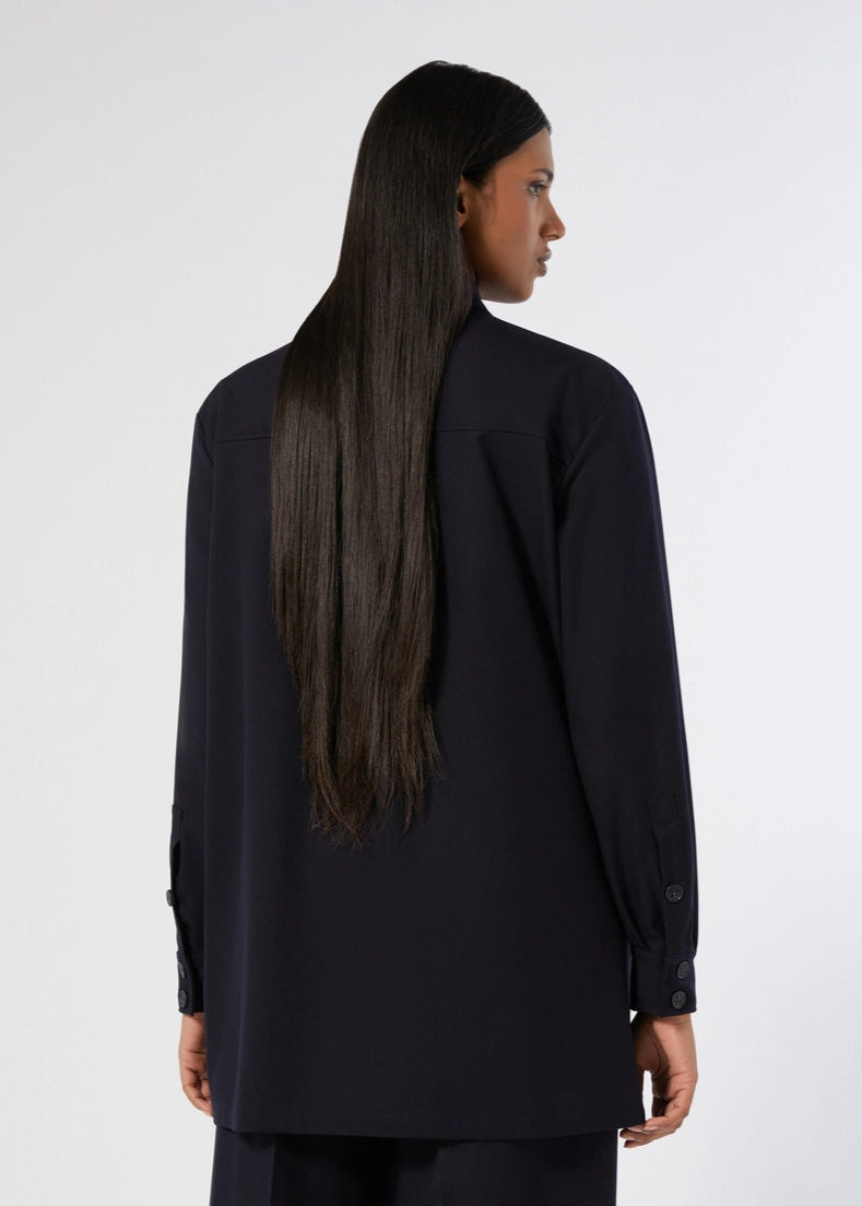 back view of plus size Marina Rinaldi Yanina Stretch Knit Long Sleeve Shirt Jacket in Midnight