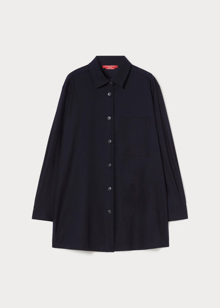 front view of plus size Marina Rinaldi Yanina Stretch Knit Long Sleeve Shirt Jacket in Midnight