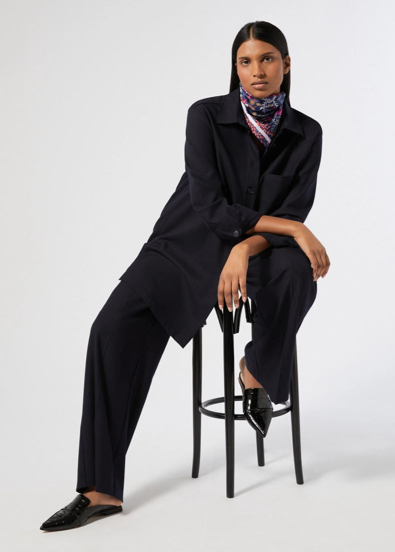 front view of plus size Marina Rinaldi Yanina Stretch Knit Long Sleeve Shirt Jacket in Midnight