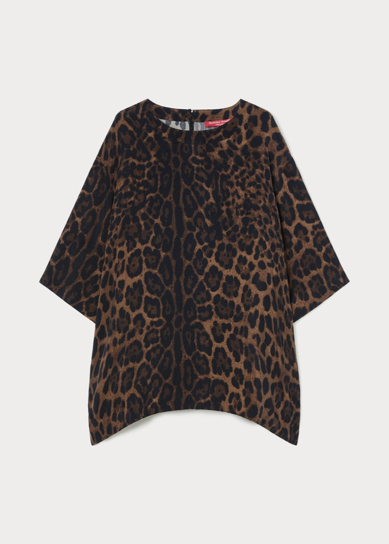front view of plus size Marina Rinaldi Oscuro Twill Cupro Animal Print Top in Black Animal