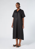 front view of Marina Rinaldi Farsa A-Line Linen blend Dress with Placket and Collar on plus model in Black