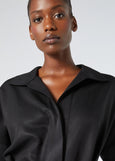 close up of Marina Rinaldi Farsa A-Line Linen blend Dress with Placket and Collar in Black