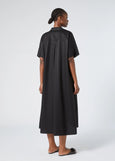 back view of Marina Rinaldi Farsa A-Line Linen blend Dress with Placket and Collar on plus model in Black