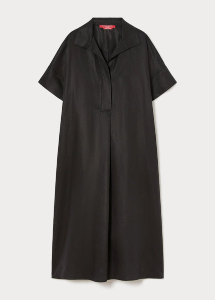 flat front view of Marina Rinaldi Farsa A-Line Linen blend Dress with Placket and Collar in Black