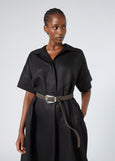 front view of Marina Rinaldi Farsa A-Line Linen blend Dress with Placket and Collar styled with belt on plus model in Black
