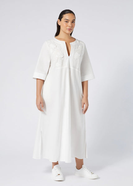 front view of Marina Rinaldi Opossum Split Neck Embroidered cotton Long Dress on plus model in White