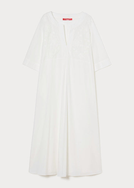 front flat view of Marina Rinaldi Opossum Split Neck Embroidered cotton Long Dress in White