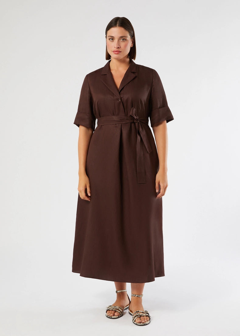 front view of plus size Marina Rinaldi Alpaca Elbow Sleeve Notch Collar Linen Blend Shirt Dress in Chocolate