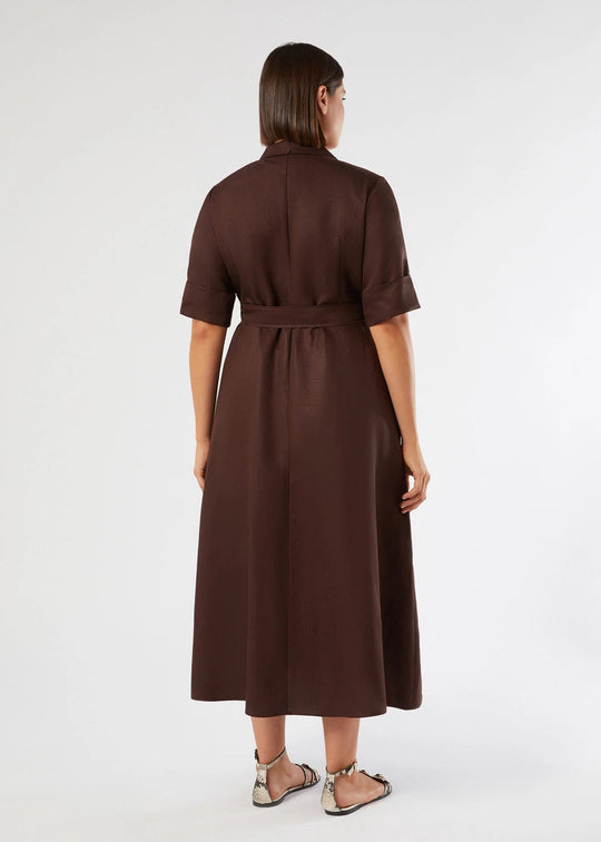 back view of plus size Marina Rinaldi Alpaca Elbow Sleeve Notch Collar Linen Blend Shirt Dress in Chocolate