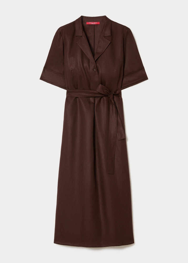 front view of plus size Marina Rinaldi Alpaca Elbow Sleeve Notch Collar Linen Blend Shirt Dress in Chocolate