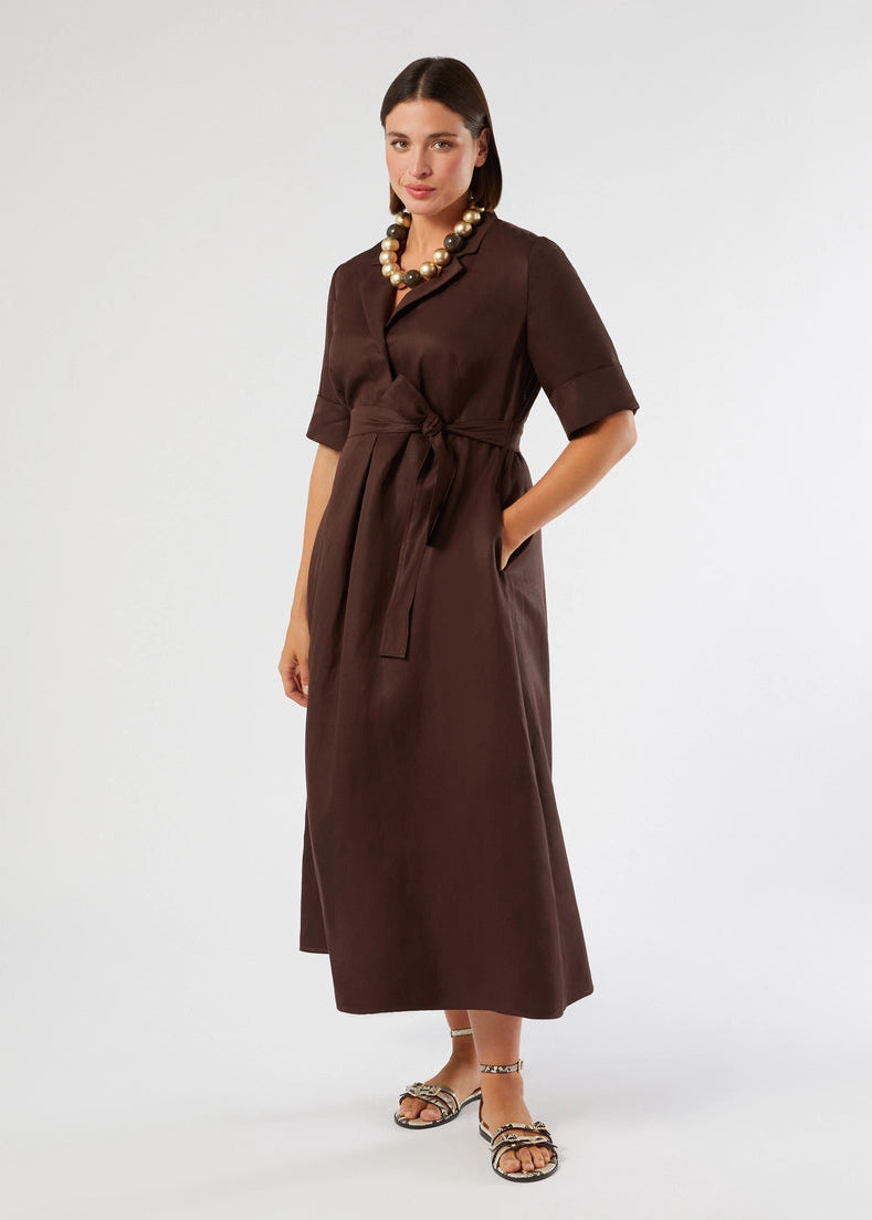 alternative front view of plus size Marina Rinaldi Alpaca Elbow Sleeve Notch Collar Linen Blend Shirt Dress in Chocolate