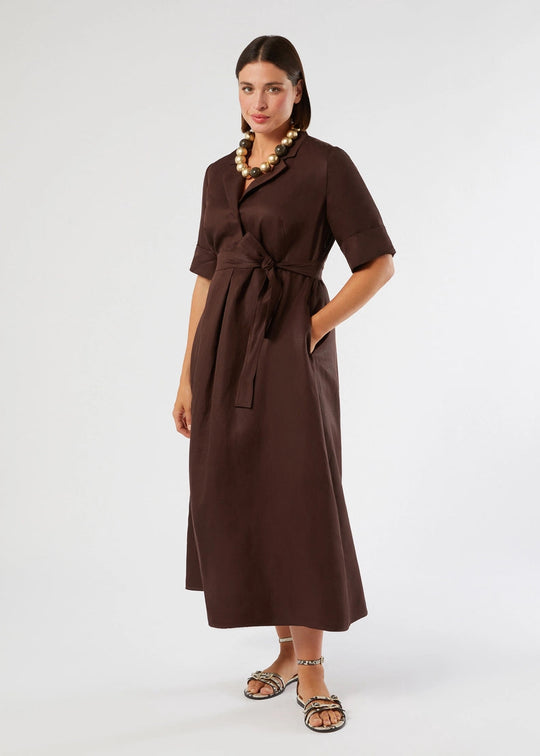alternative front view of plus size Marina Rinaldi Alpaca Elbow Sleeve Notch Collar Linen Blend Shirt Dress in Chocolate