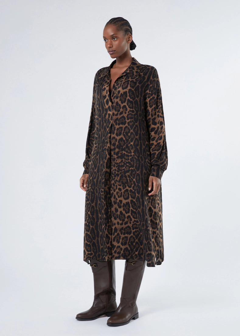 front view of plus size Marina Rinaldi Falacso Twill Cupro Animal Print Dress in Black Animal
