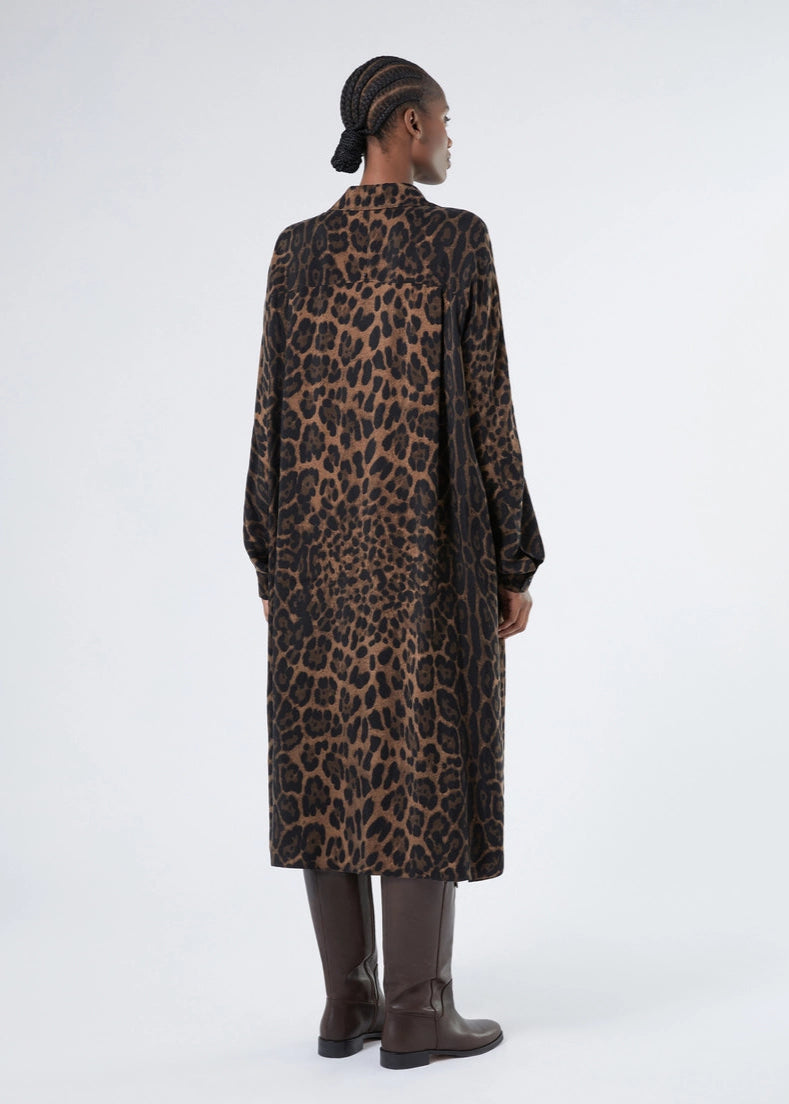 back view of plus size Marina Rinaldi Falacso Twill Cupro Animal Print Dress in Black Animal