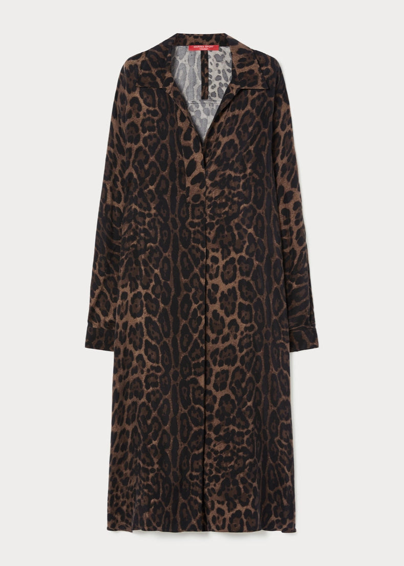 front view of plus size Marina Rinaldi Falacso Twill Cupro Animal Print Dress in Black Animal